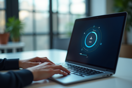 Personne utilisant un ordinateur avec une barre de progression antivirus