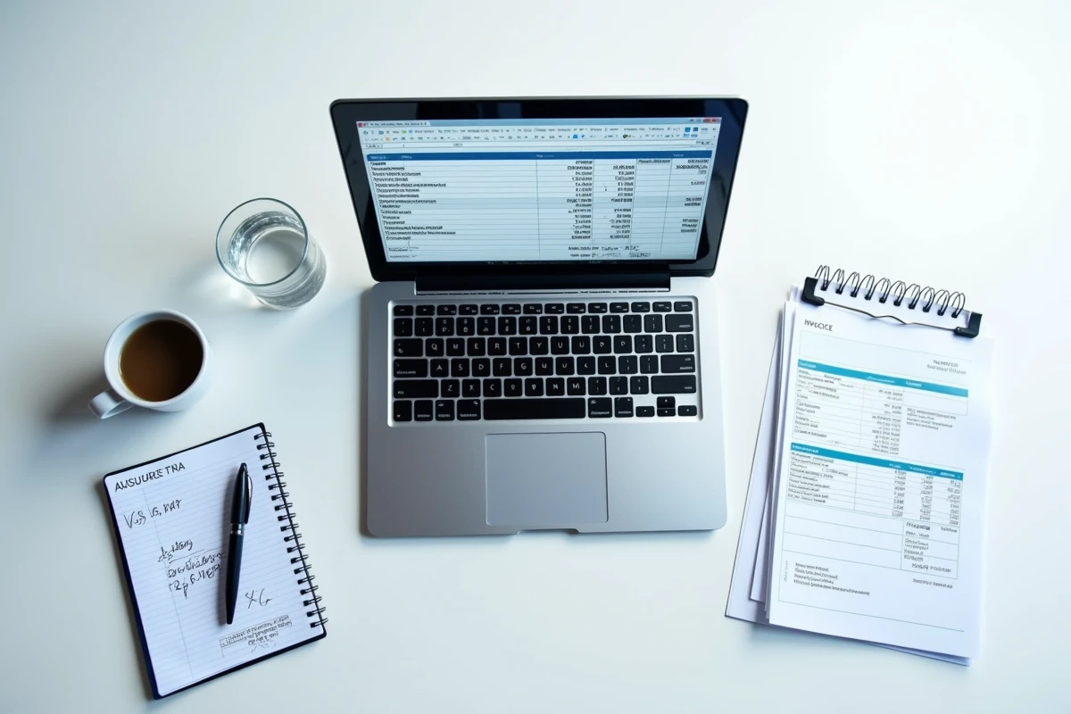 Vue aérienne d'un bureau avec ordinateur portable affichant un tableau Excel de calcul de pourcentages et de remises TVA