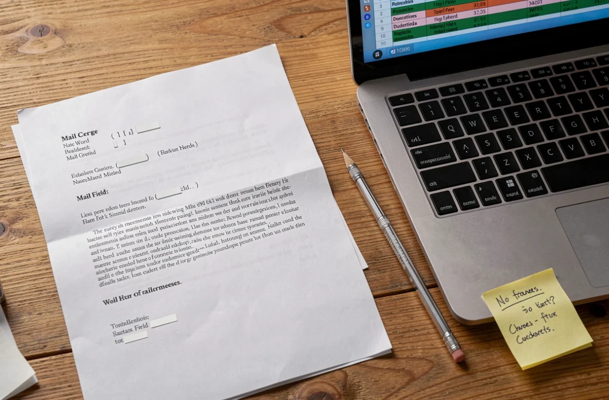 Vue de dessus d'un bureau avec une lettre publipostage Word présentant des erreurs de champs et un fichier Excel avec lignes dupliquées surlignées