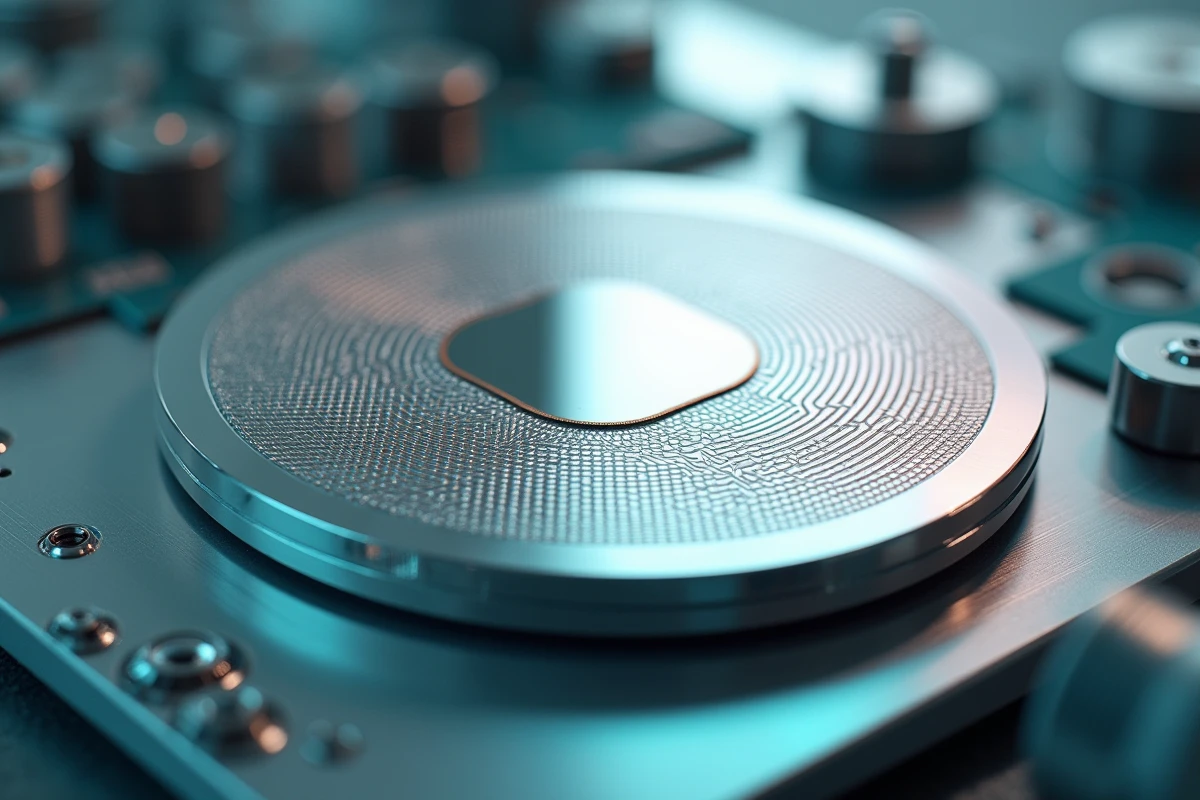 Gros plan macro d'un wafer semiconducteur gravé de circuits miniaturisés aux reflets irisés dans une salle de fabrication high-tech