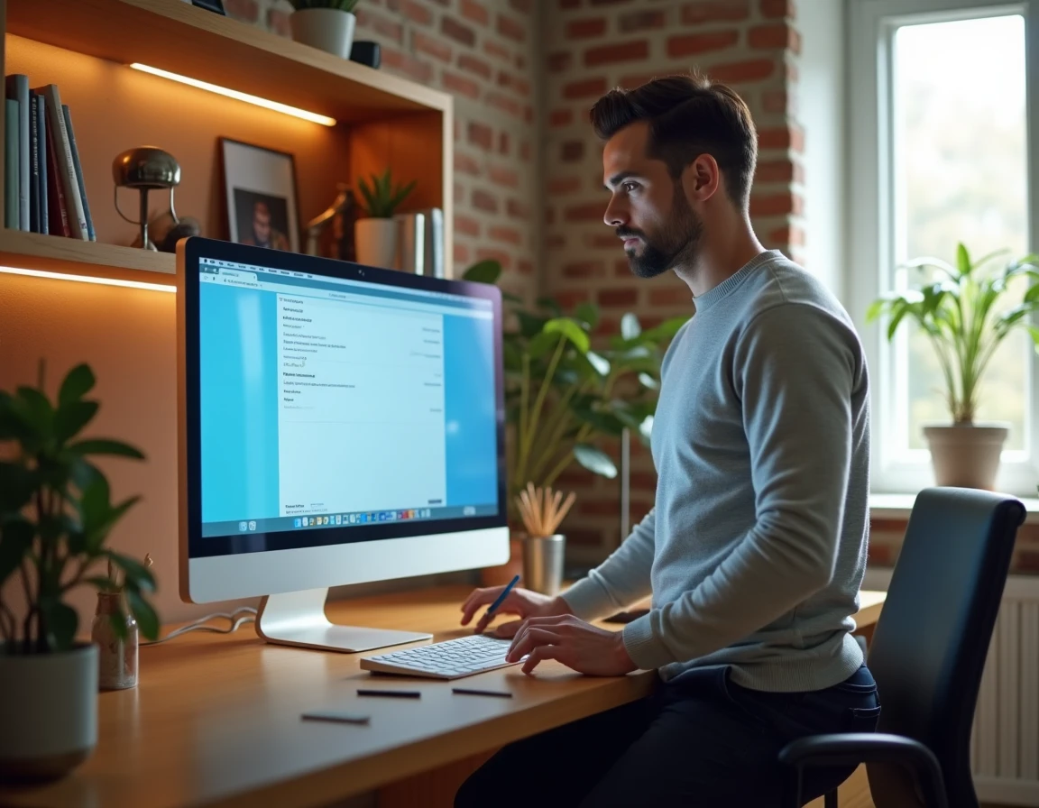 Homme configurant une signature professionnelle sur le webmail Orange depuis son bureau à domicile