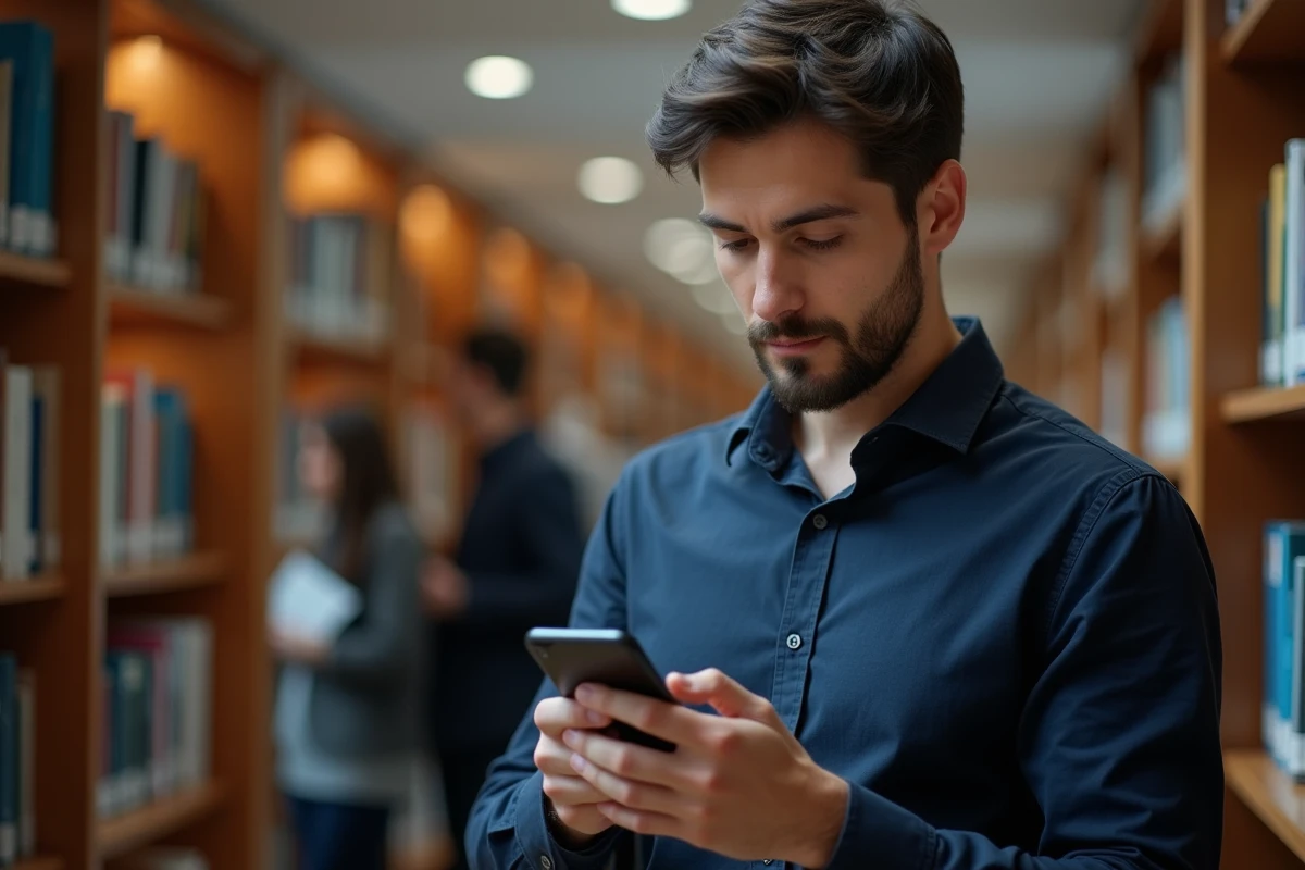 Homme configurant le webmail Unicaen sur iPhone dans une bibliothèque universitaire