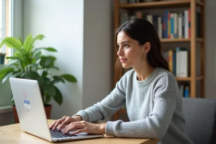 Femme utilisant WhatsApp Web sur un Chromebook avec un message d'erreur de connexion affiché à l'écran