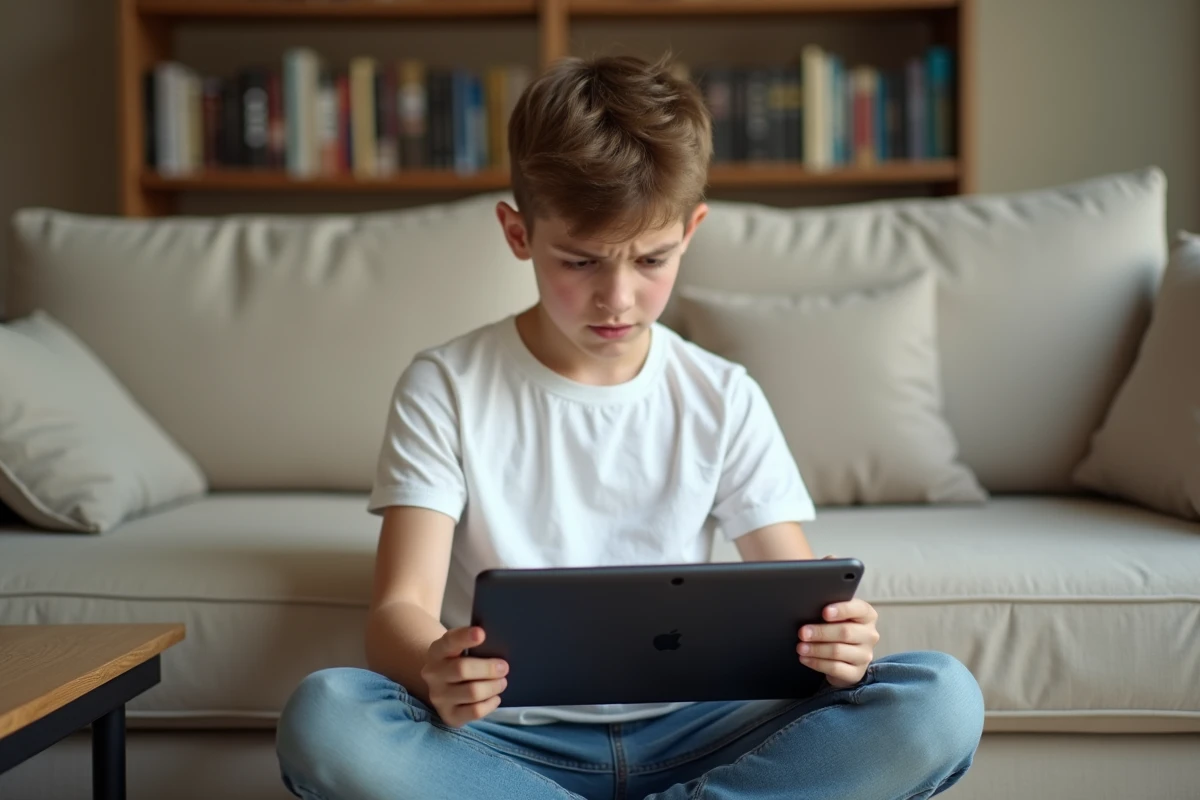 Adolescent frustré essayant d'accéder à WhatsApp Web sur une tablette Android en mode navigateur